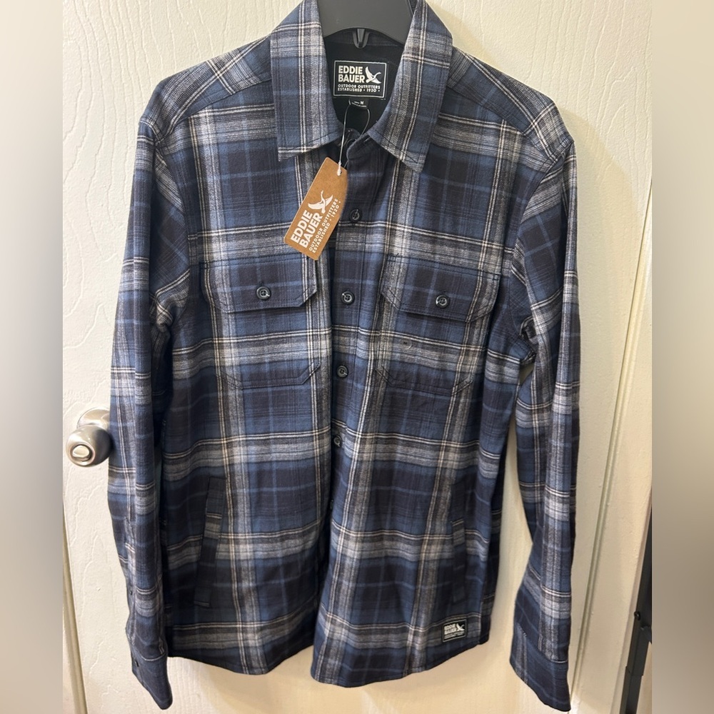 Men’s Eddie Bauer Fleece Lined Flannel Shirt Jacket, Blue/Gray, Size M